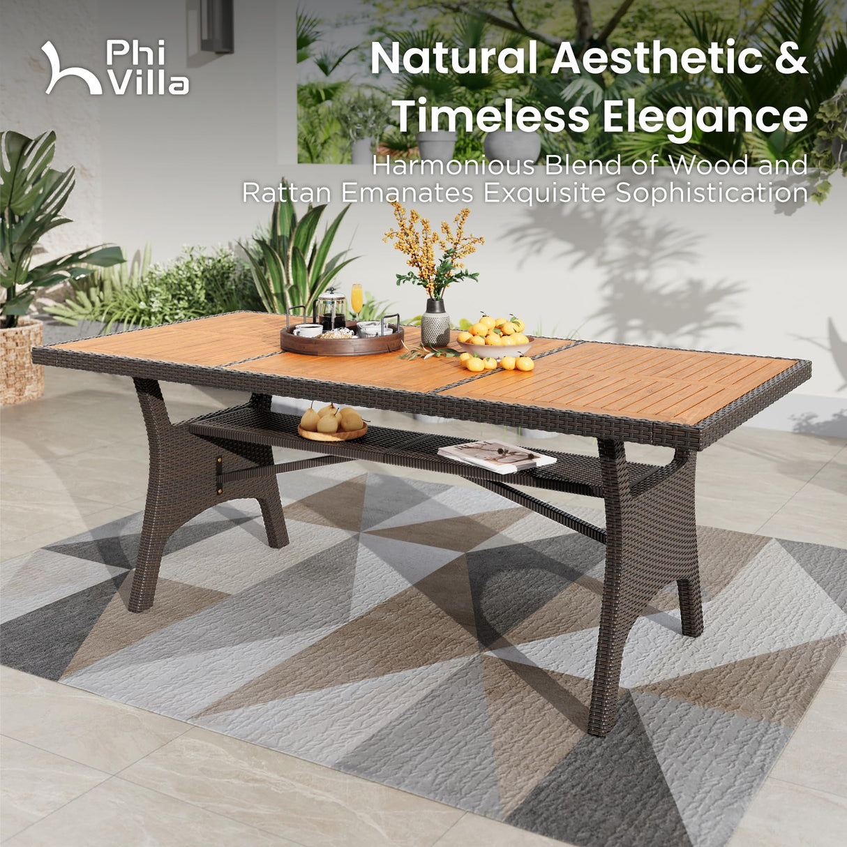 PHI VILLA Outdoor Dining Set for 8, Rectangular Rattan Table with Acacia Wood Top & Wicker Chairs with Cushions, 74” Large Modern Furniture Set for Patio, Deck, Backyard, Porch PHI VILLA