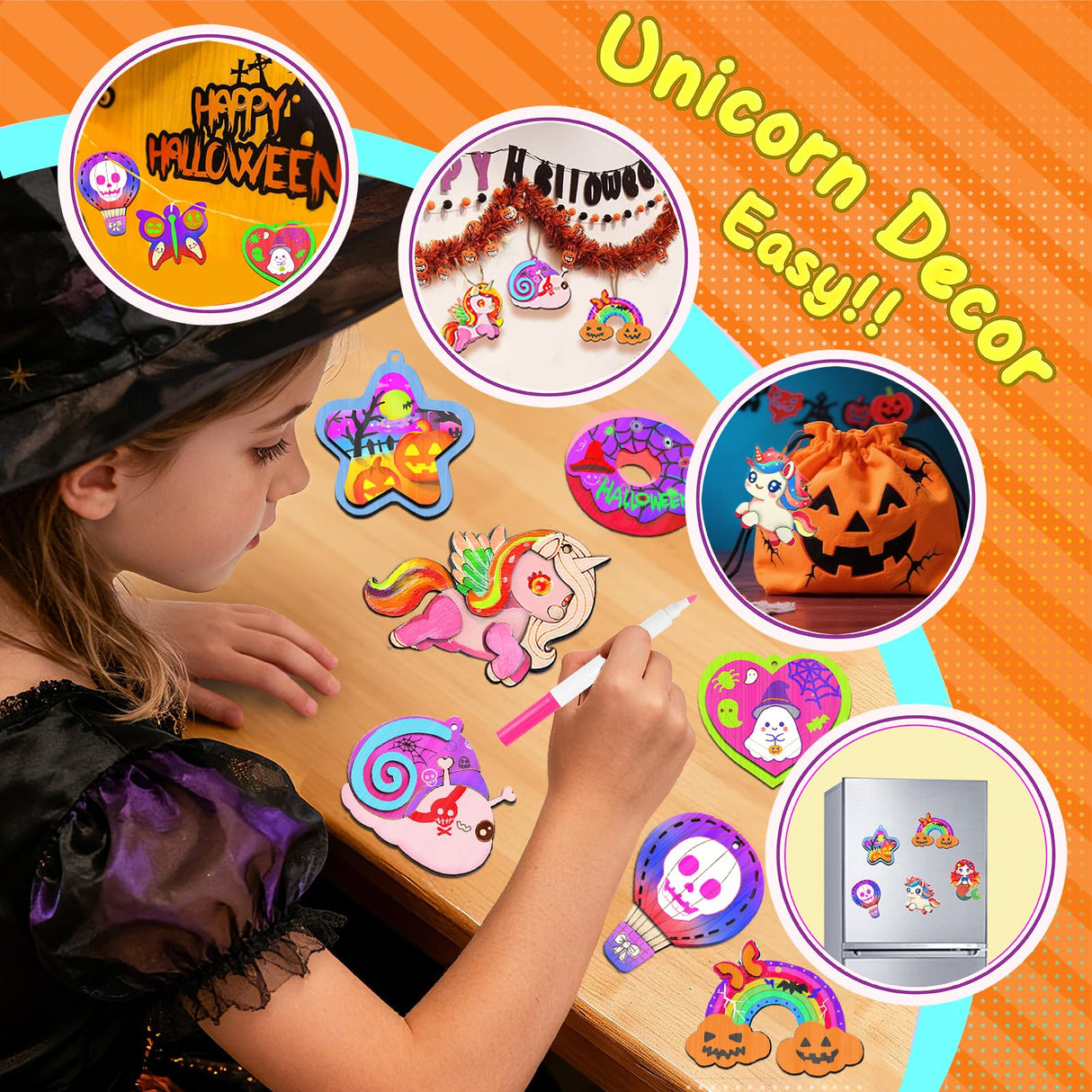 12 DIY Unicorn Wooden Magnets, Halloween Crafts for Kids Art Craft Supplies Painting Kits for Girls Boys Ages 4-8 8-12 Halloween Party Favors Basket Goodie Bag Stuffers Crafts Decoration Unicorn Gifts Gadetouq