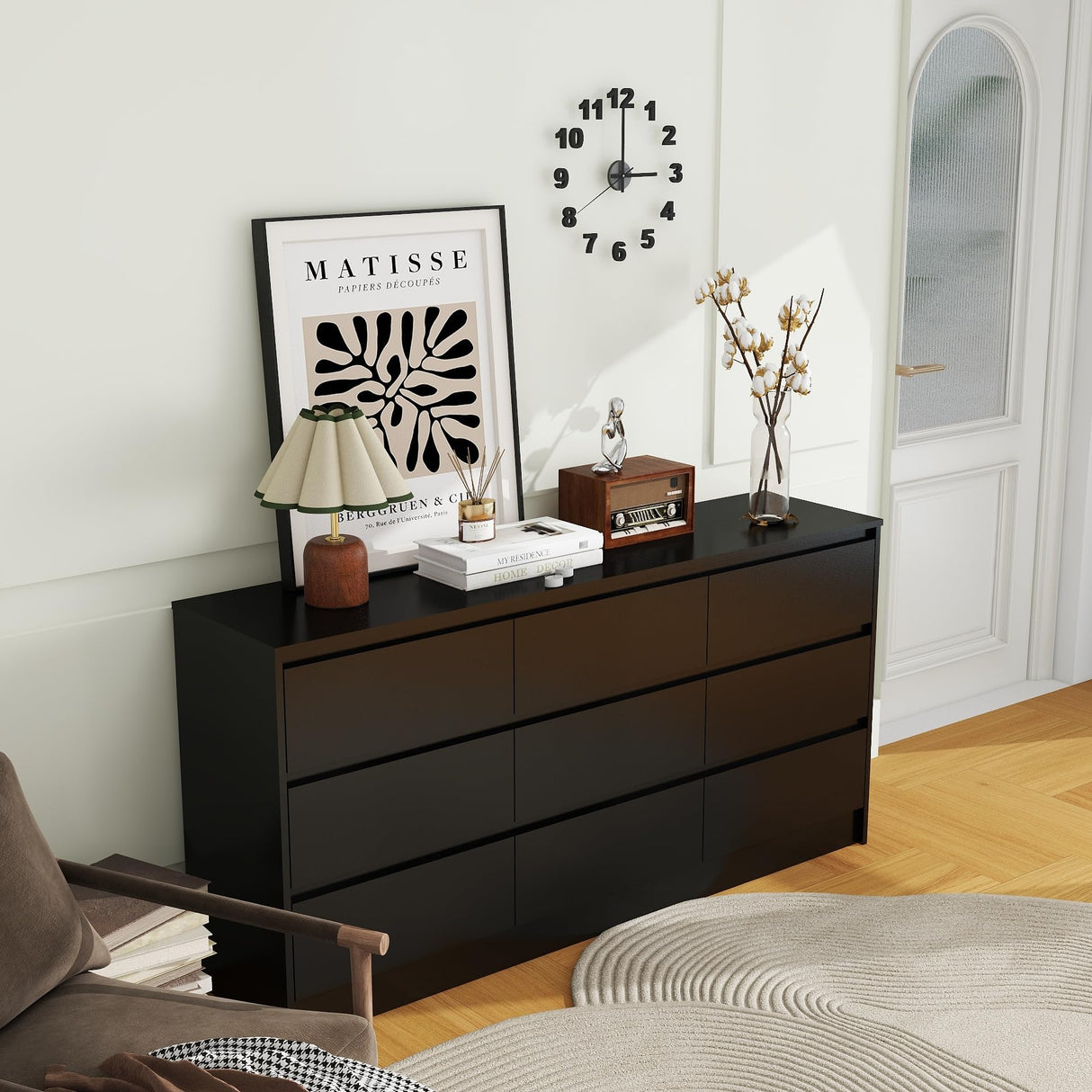 Modern 9 Drawer Wood Dresser for Bedroom, Large Floor Storage Drawer Cabinet Lateral Chest of Drawers Handle Free Organizer for Closet Living Room (Black, 9 Drawer) Panana