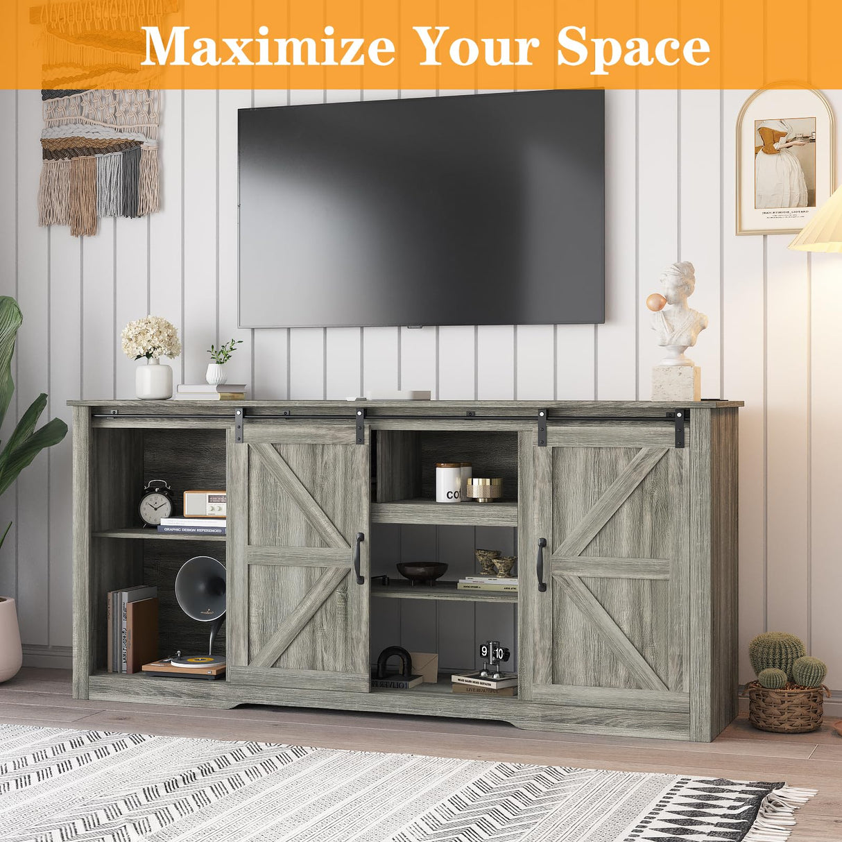 GarveeHome 70" Farmhouse TV Stands for 80" TVs, Rustic Wooden Entertainment Center with Adjustable Shelves & Sliding Barn Door, TV Console Table with Open Storage for Home, Dark Grey GarveeHome