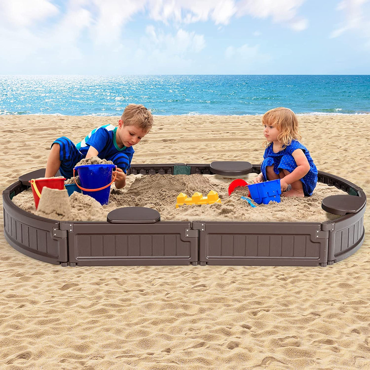 HONEY JOY Sandbox with Cover, 6FT Oval Sand Pit for Backyard, 4 Built-in Seating & Bottom Drainage Liner, All Weather Resistant Sand Boxes for Kids Outdoor with Lid HONEY JOY