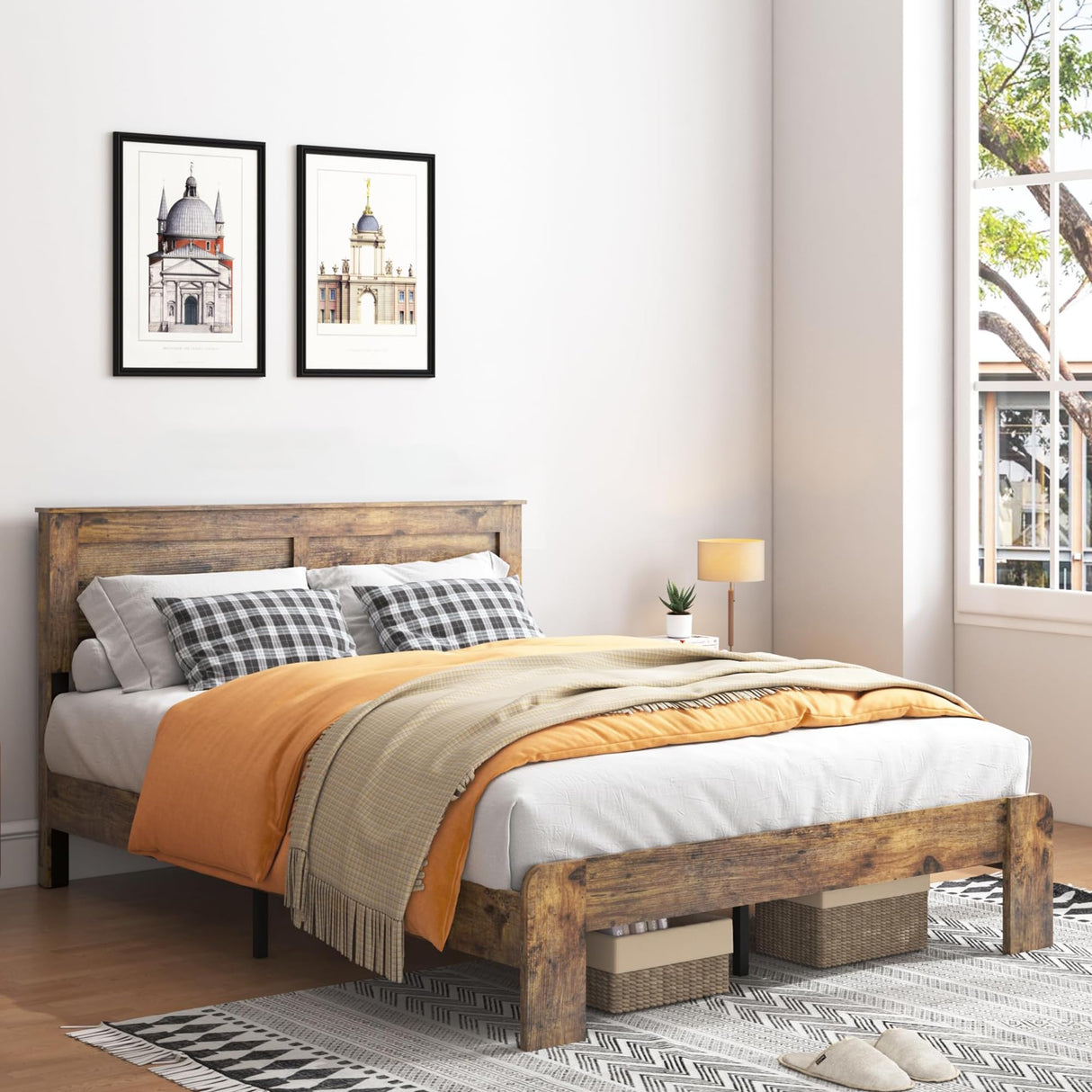 GJQN King Size Bed Frame with Headboard, Rustic Wood Platform Bed Frame with 12 Wooden Slats Support, No Box Spring Needed GJQN