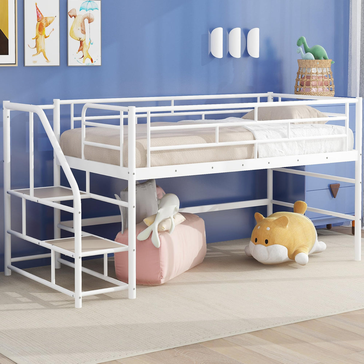 Merax Junior Metal Low Loft Bed Frame for Girls Boys, Space Saving/Easy Assemble White Merax