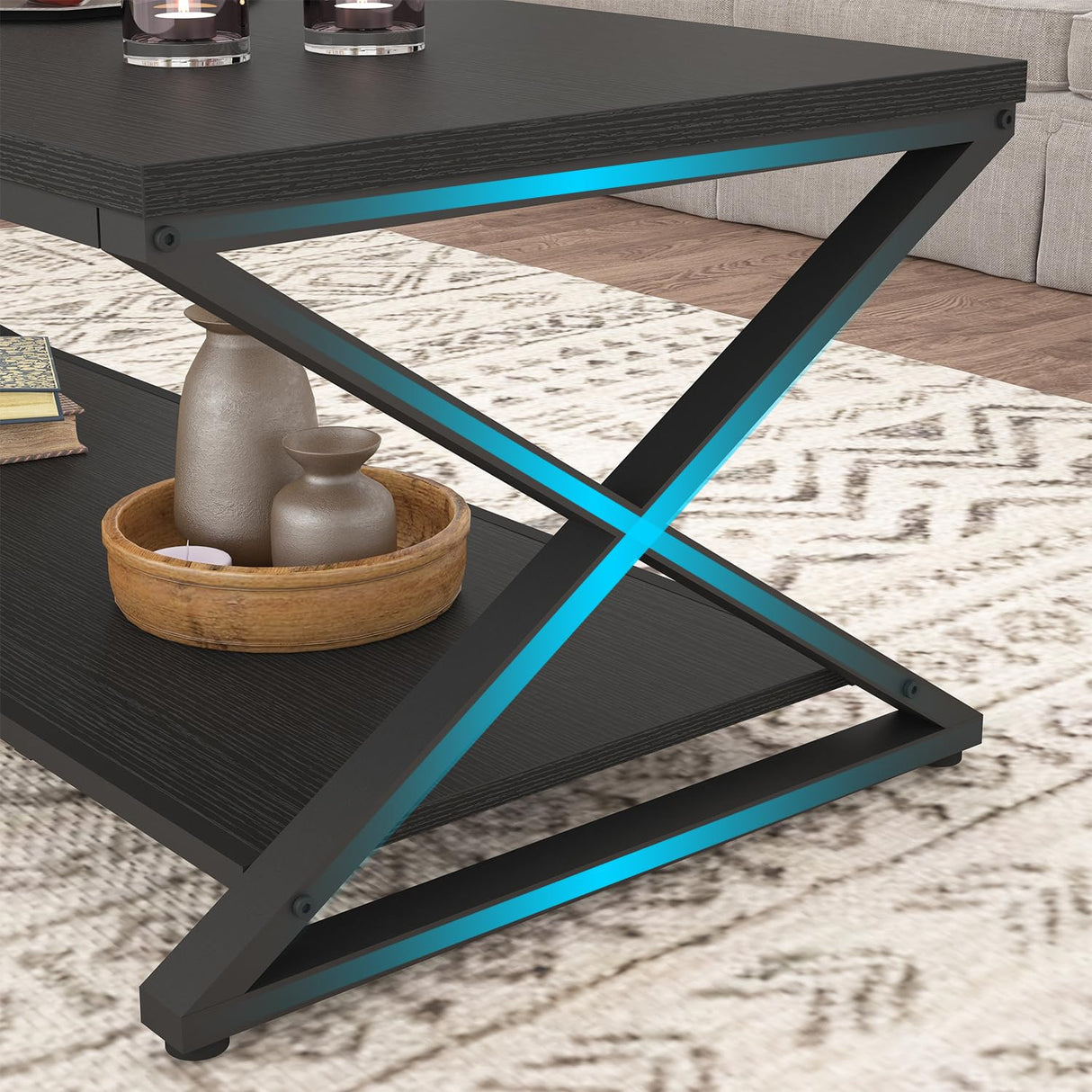 HSH Black Coffee Table with Storage Shelf, Modern Minimalist Metal Wood Living Room Table, Simple 2 Tier Rectangle Center Table, 39 Inch Home Office Bedroom Cocktail Tea Table Display Coffee Table HSH