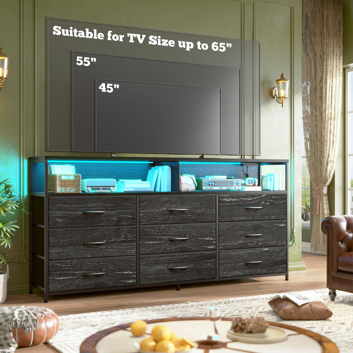 Romorgniz 55" W Dresser for Bedroom with 9 Drawers, LED TV Stand with Power Outlets for 45, 55, 65 Inch TV, Sturdy Long Chest of Drawers with Extra 2 Wooden Shelves, Grain Black Romorgniz