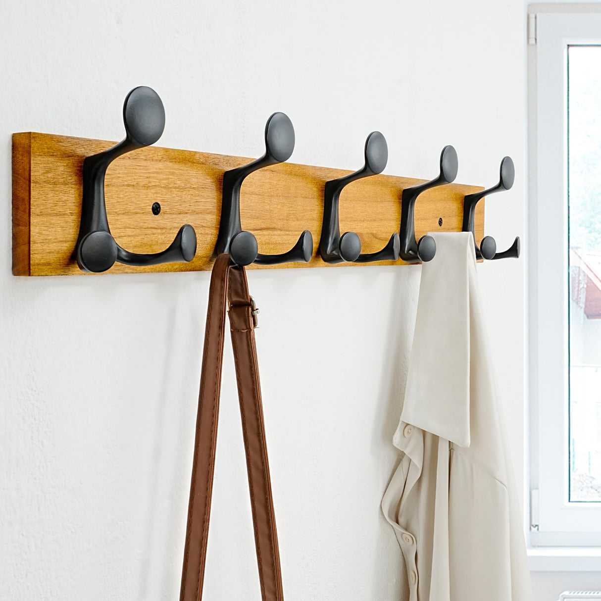 SKOLOO 24-Inch Light Brown Wood Coat Rack Wall Mount with 5 Triple Hooks - Ideal for Family Entrances, Classrooms, and Pet Supplies Storage - Perfect Coat Hooks for Wall SKOLOO