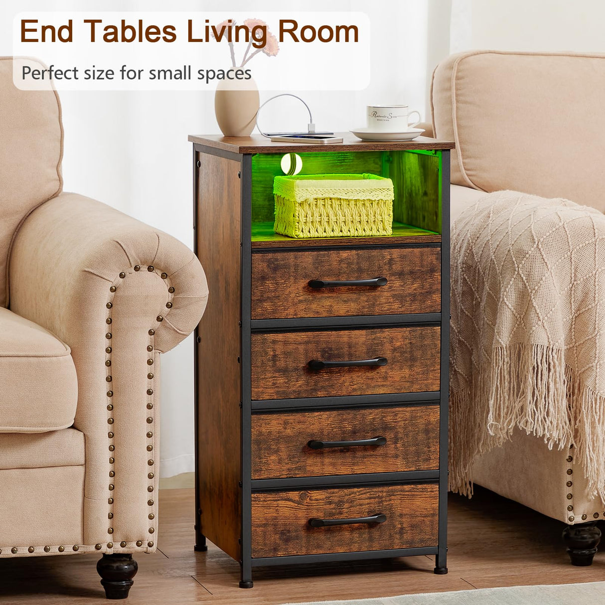 LOAKEKEL Night Stand Set 2, Tall Nightstand with Charging Station, Dresser for Bedroom with 4 Drawers, LED End Tables with USB Ports and Outlets, Rustic Brown, HNS034PBR LOAKEKEL