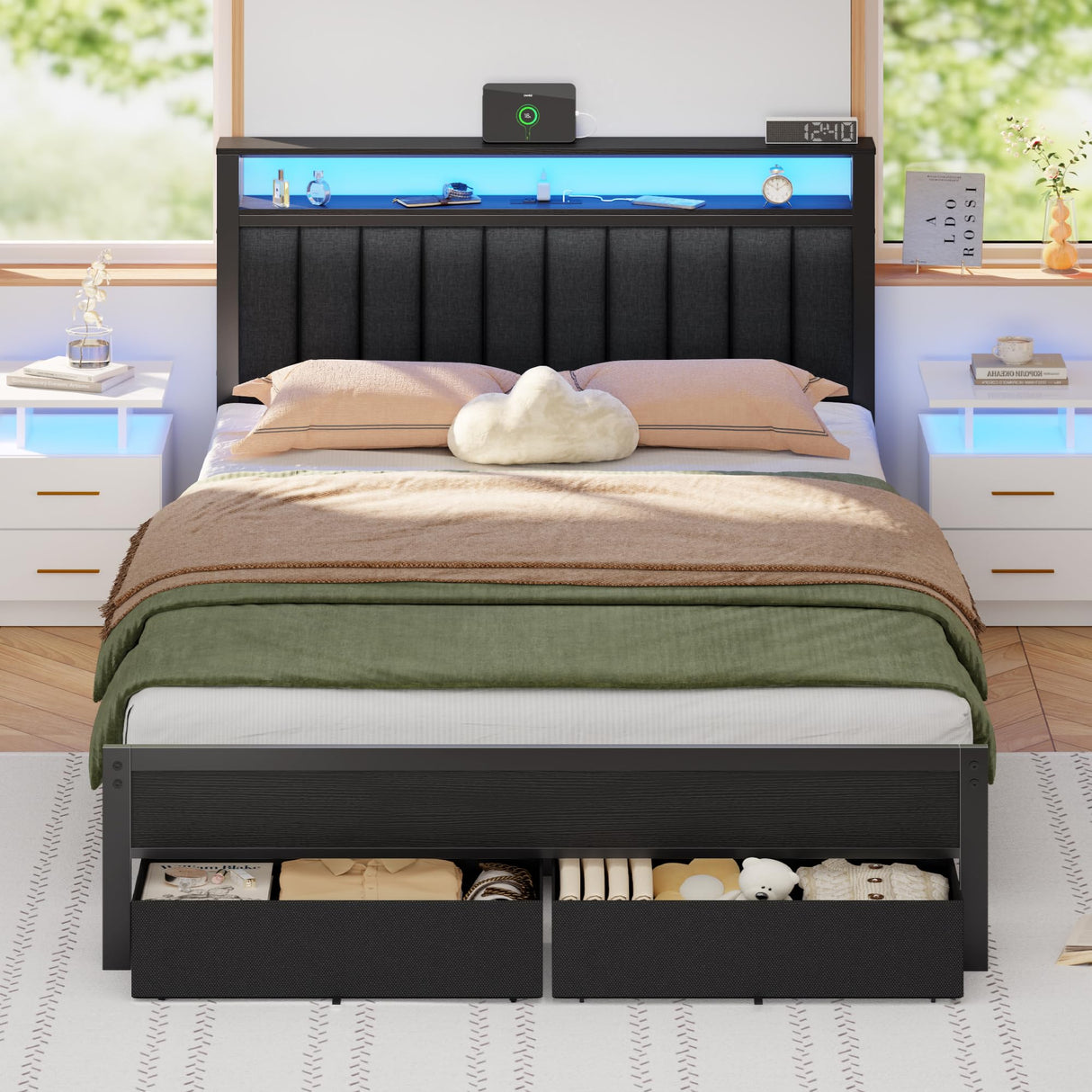 Furnulem Queen Bed Frame with Charging Station and LED Lights, Grey Upholstered Headboard with Shelves, Metal Platform Bed with 2 Under-Bed Storage (Fabric Drawer on Wheels), No Box Spring Needed Furnulem