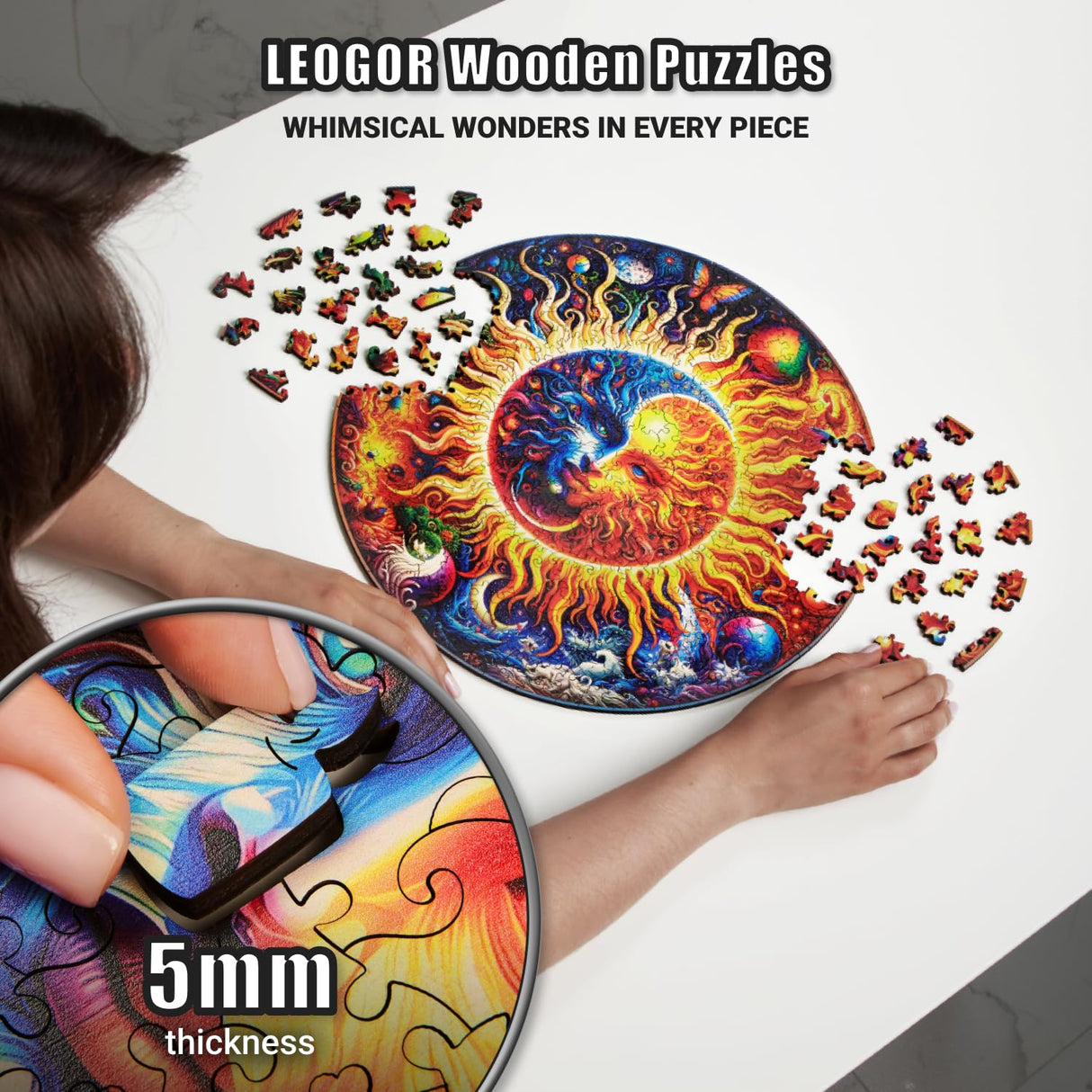 LEOGOR Mosaic Wooden Jigsaw Puzzles for Adults with Whimsical Pieces – 350 Piece Colorful Sun and Moon Puzzle with Unique Animal-Shaped Wood Pieces – Beautiful Design, Large 14.9'' x 14.9'' LEOGOR