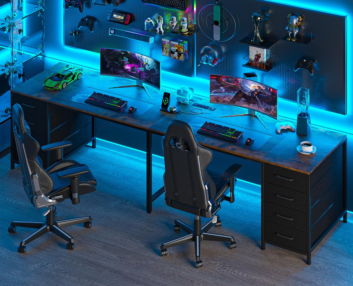 TVU 110" 2 Person Desk with 8 Drawers, Large Writing Home Office Desks with Outlets, I Shaped Workstation Double Desk Drawer Organizers (Rustic) TVU