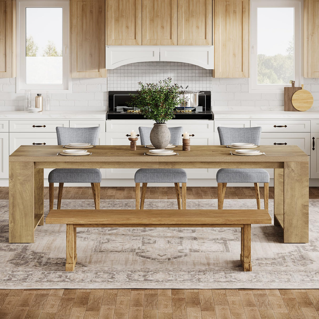 Tribesigns 86.61-Inch Dining Table for 6-8 People, Modern Narrow Long Kitchen Table with Pedestal Base, Farmhouse Extra Long Rectangular Dining Room Furniture, 27.56 x 86.61 x 29.53 Inches, Oak Tribesigns