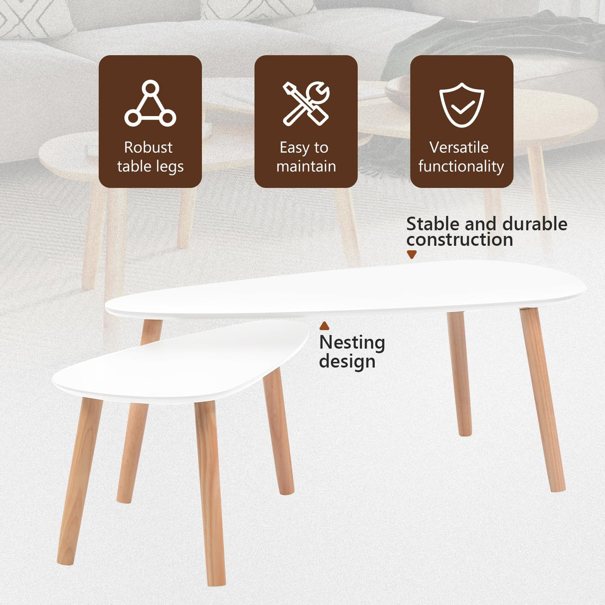 vidaXL Nesting Coffee Table 2 pcs, Side Tables with Solid Pine Wood Legs, Scandinavian Style End Table for Living Room, White vidaXL