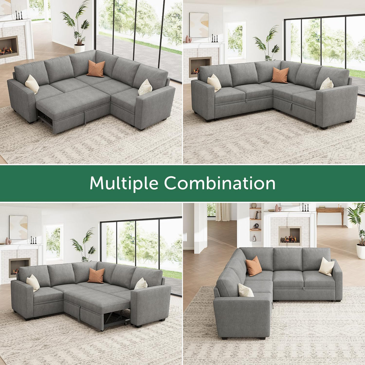 HONBAY Modular Sectional Sleeper Sofa with Pull Out Bed, Chenille L Shaped Couch with Storage Seats, Convertible Sectional Couches for Living Room, Warm Grey HONBAY