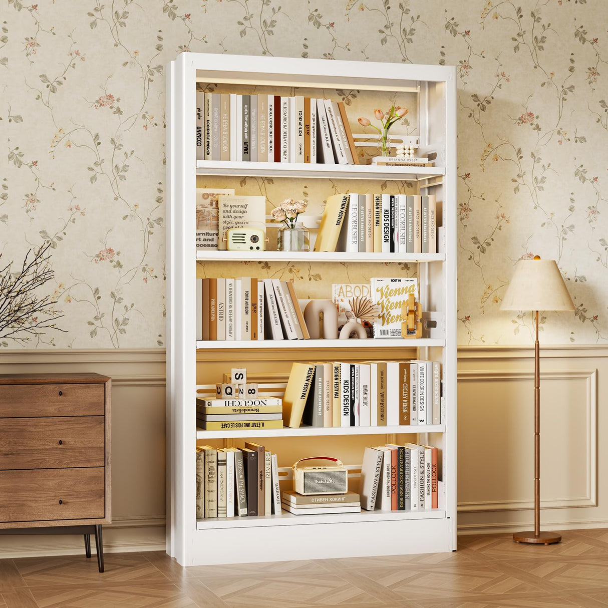 Metal Bookshelf, 5-Tier Bookcase with Adjustable Storage Shelf, 71" Tall Bookcases Heavy Duty bookcase with Bookends, Modern Bookshelf for Living Room, Library, Bedroom,Includes Book Stoppers-White CBCNWR