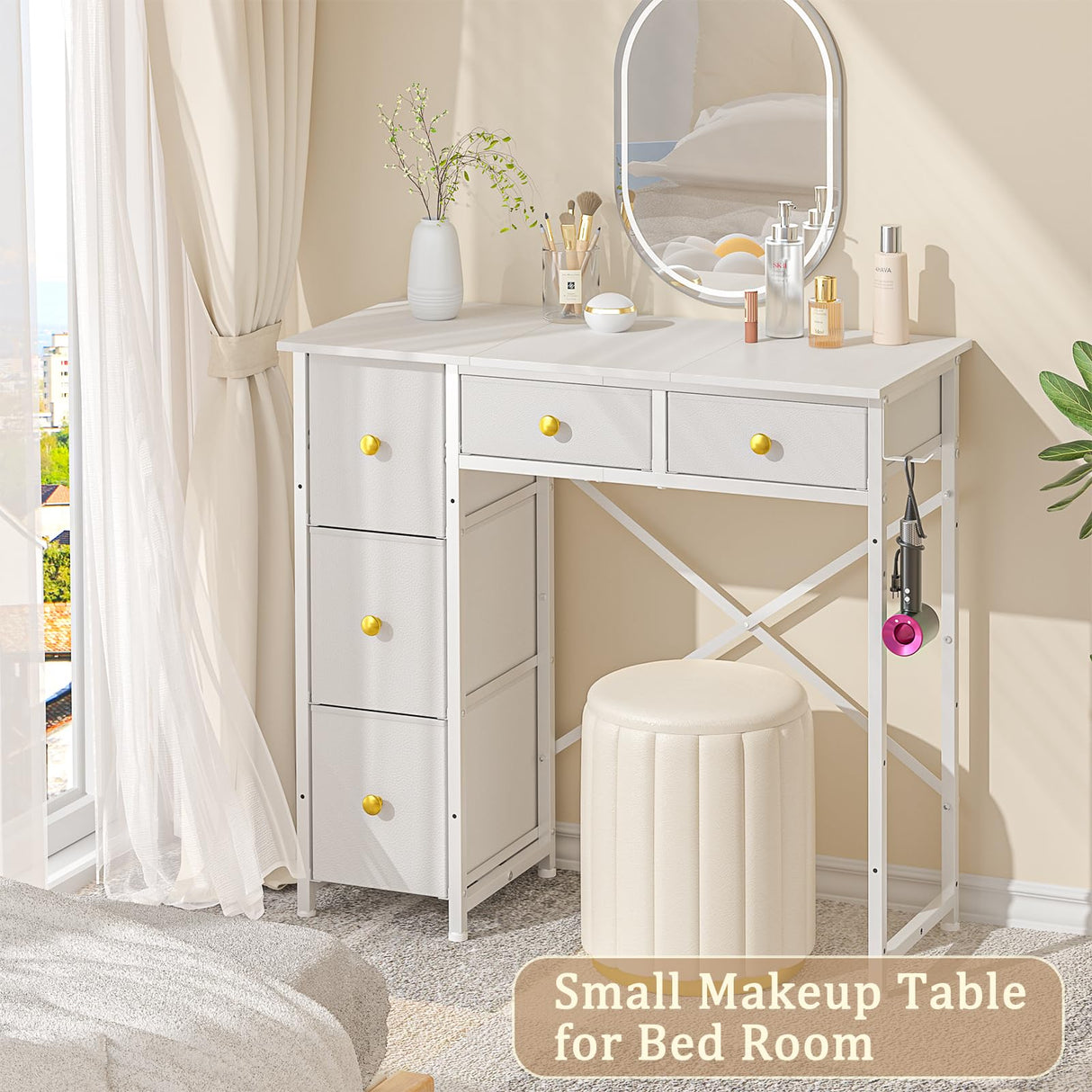 ThreeHio Small Vanity Desk, White Vanity Desk No Mirror, Makeup Table with Storage Drawers, Girls Vanity Dressing Table for Bedroom, 32.28 Inches Compact Vanity for Small Spaces ThreeHio