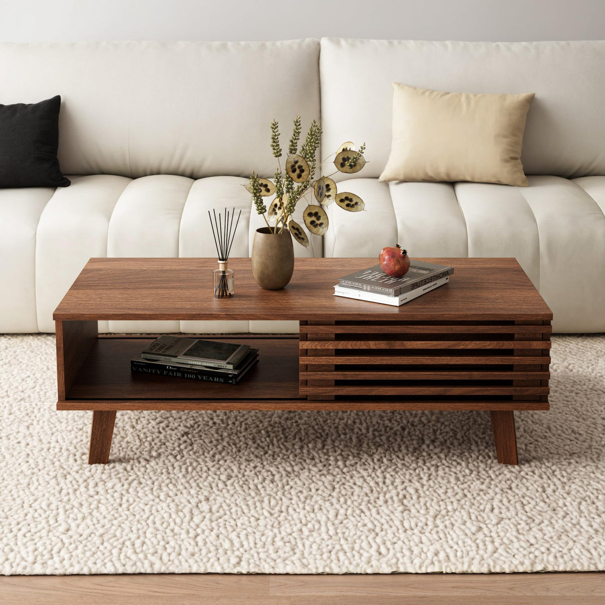 MAISONARIA Mid Century Coffee Table with Storage & Sliding Fence Door, Modern Coffee Tables for Living Room, Walnut Finish MAISONARIA