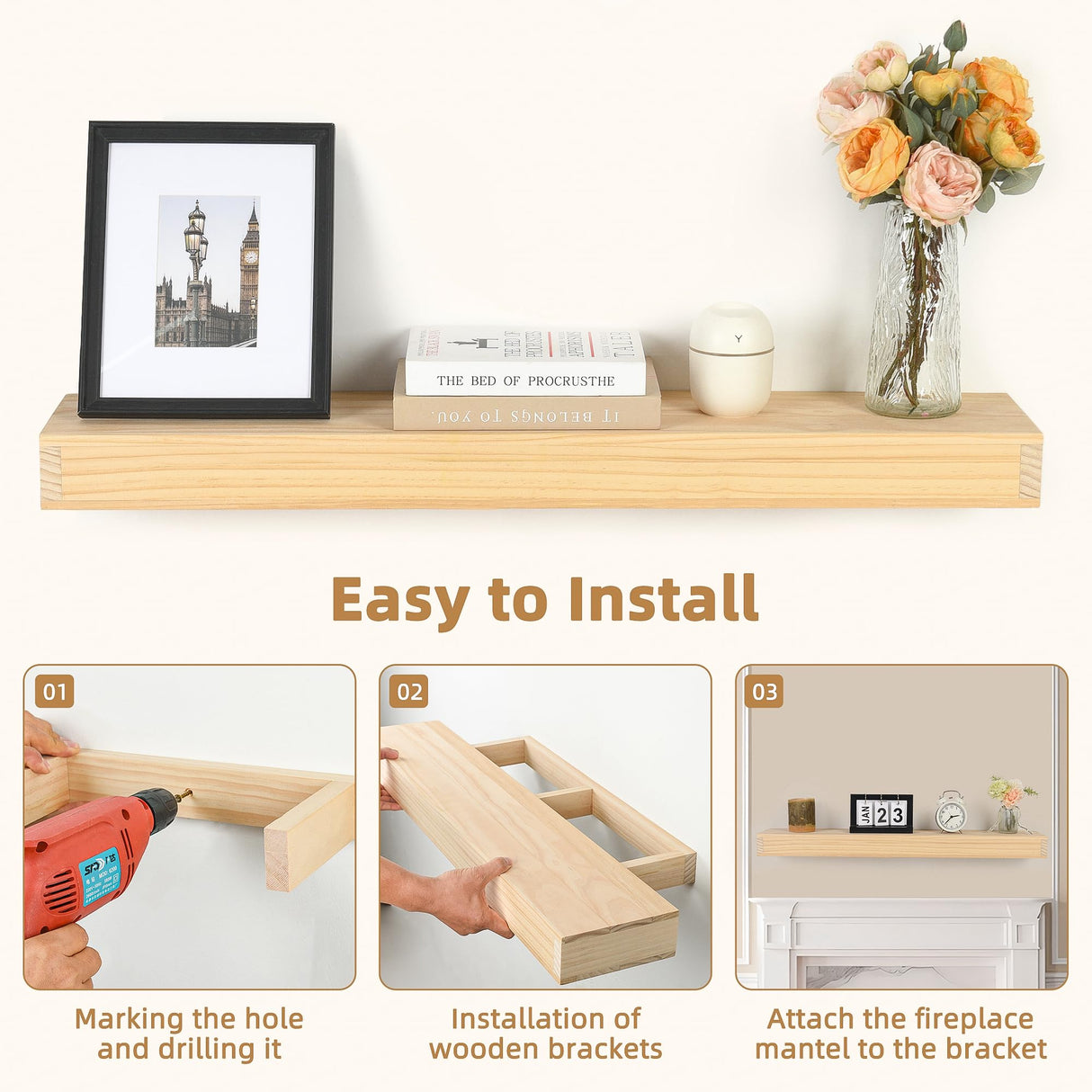 AZSKY Natural Wood Floating Fireplace Mantel Shelf 36 Inch Mantels for Over Fireplace Wall Mounted Farmhouse Fireplace Mantel Shelf with Invisible Bracket One Piece Floating Book Shelves AZSKY