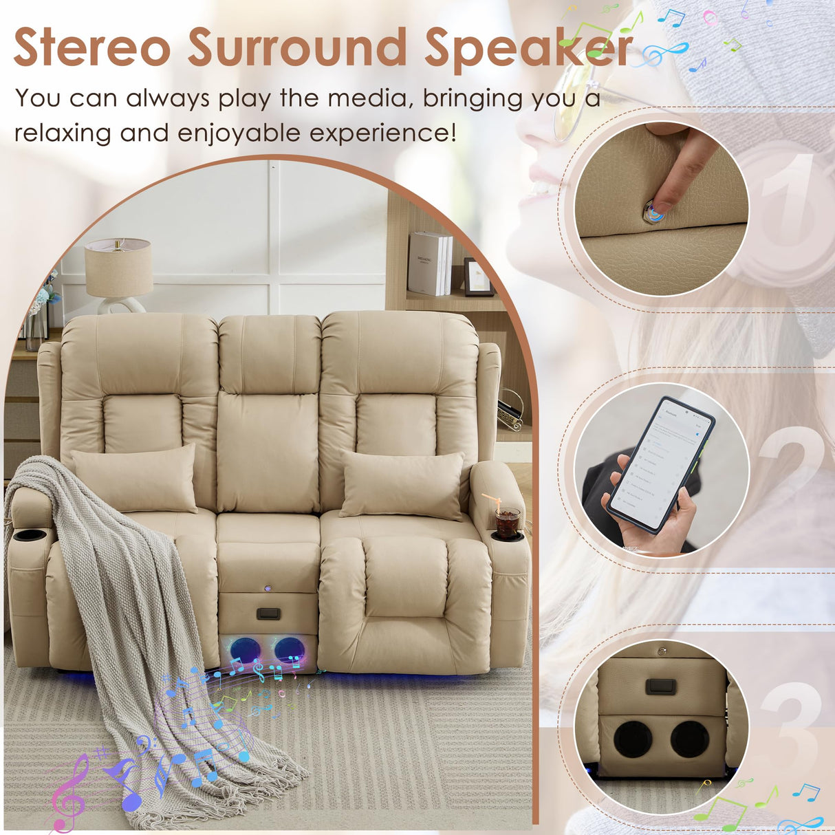 TUNYI Wall Hugger Power Loveseat Recliner - Reclining Loveseat with Console Theater Seating RV Recliner Sofa with USB/Outlet/Speaker/Cup Holder/LED Light/Storage (Beige) TUNYI