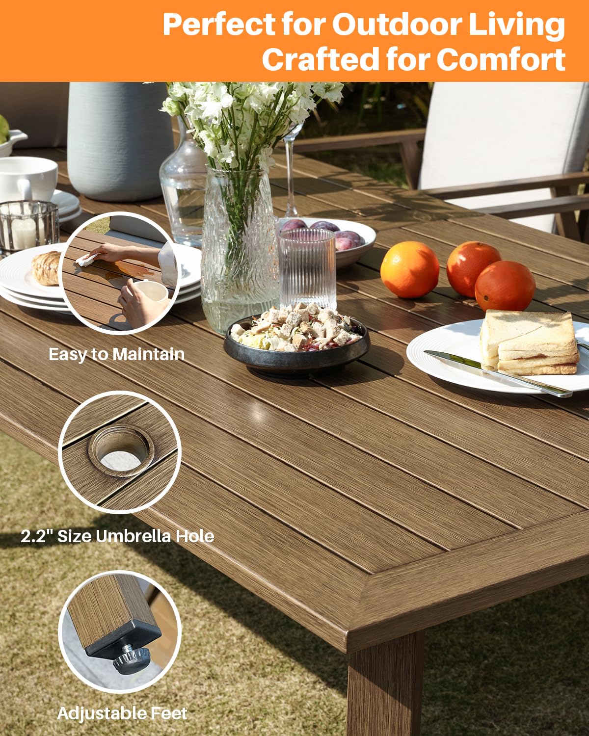 SEEHILL 9 Pieces Patio Dining Set for 8, Outdoor Aluminum Dining Furniture Set with Umbrella Hole, All-Weather Outdoor Patio Table Sets with 8 Swivel Chairs and Table for Deck Backyard Poolside, Teak SEEHILL