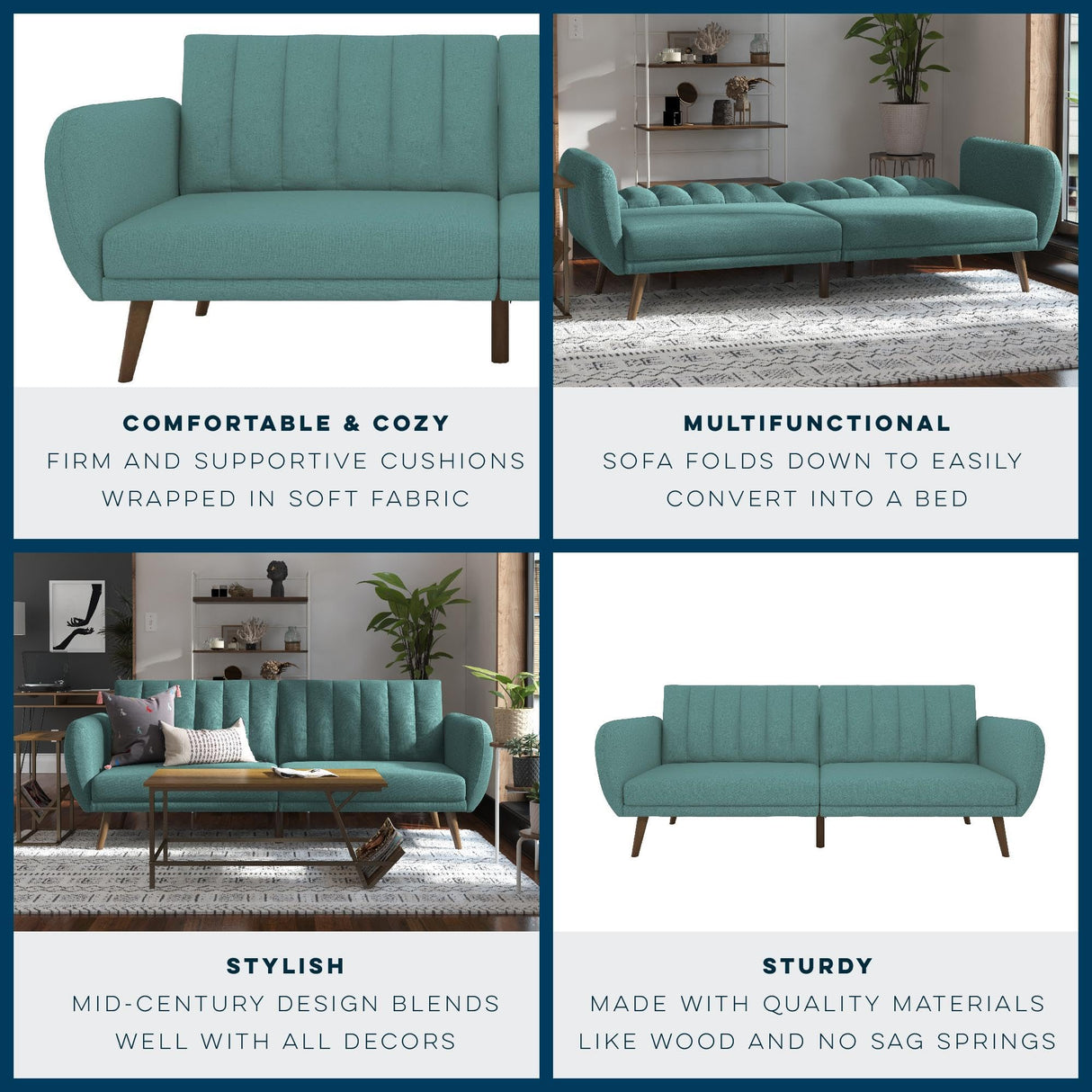 Novogratz Brittany 82 Inch Futon Sofa Bed, Upholstered Couch Sleeper with Tufted Back, Mid-Century Modern, Teal Novogratz
