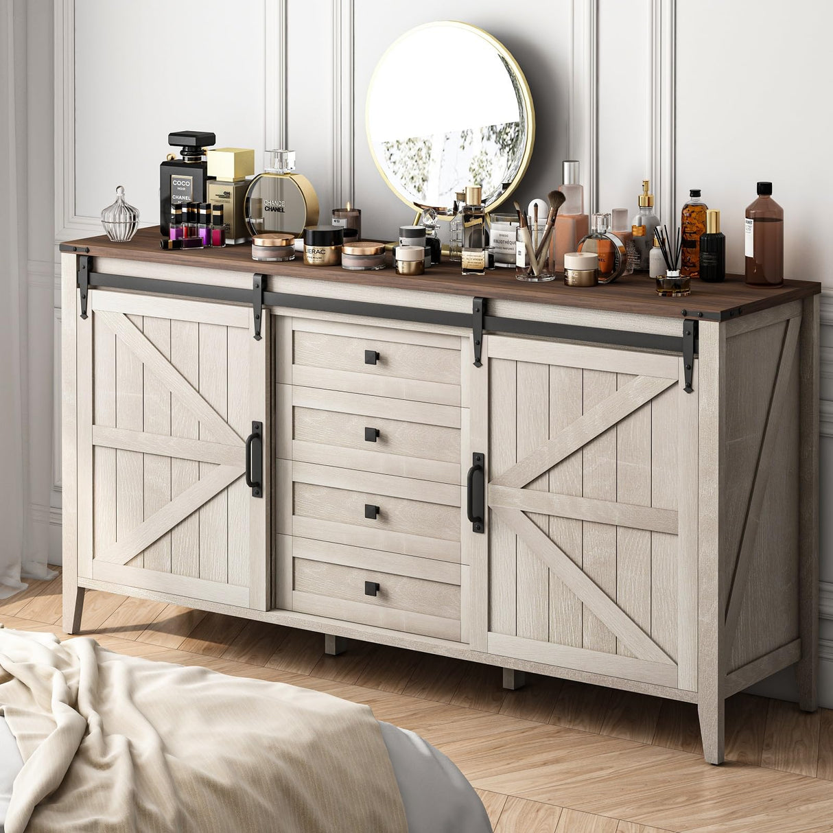 Farmhouse Dresser for Bedroom, Chests of Drawers for Clothes, 4 Drawers Dresser with Sliding Barn Door, White Dresser Wood, 60” Wide Dresser with Storage Organizer for Kids, Tall TV Stand GlouMod