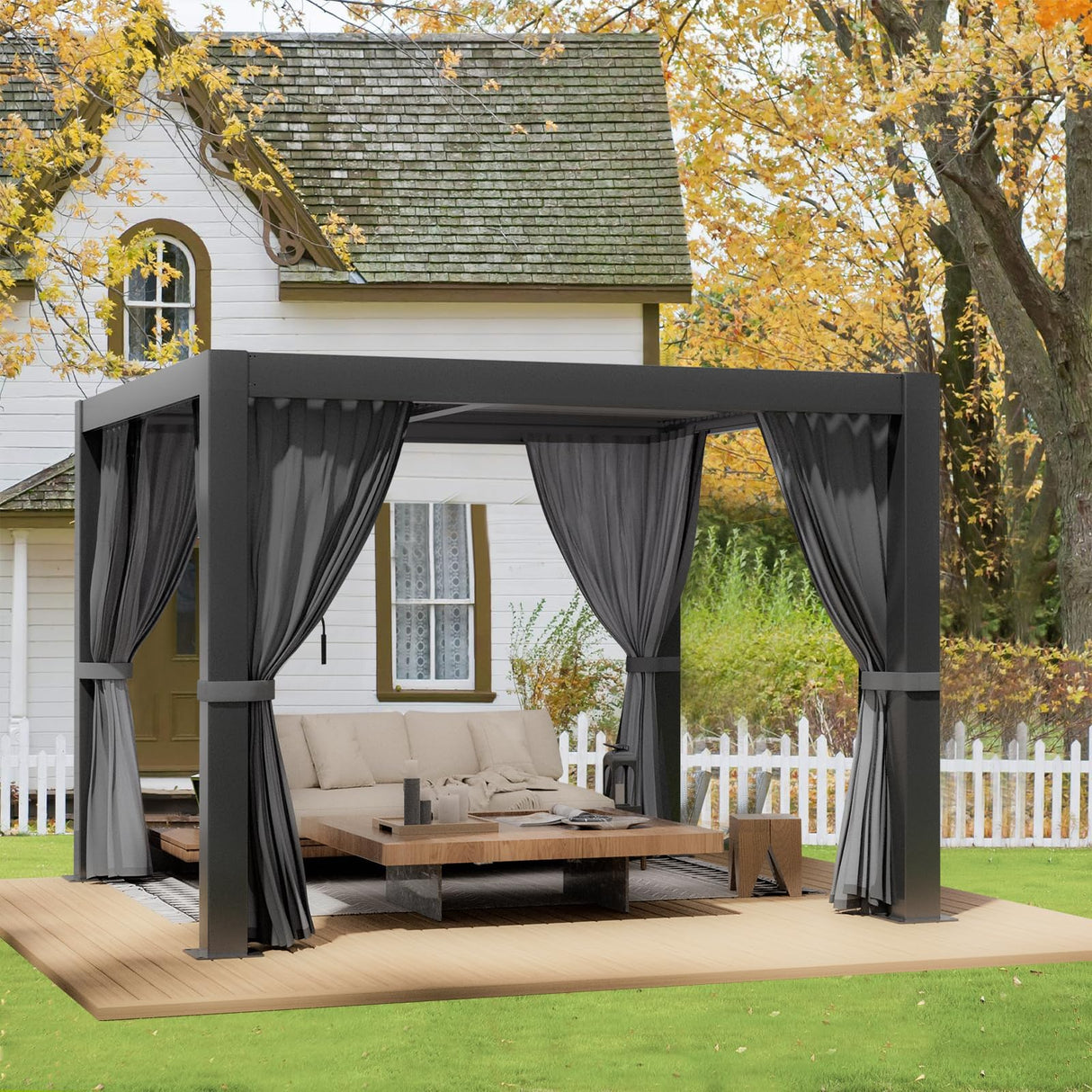 LVUYOYO Louvered Pergola 10' x 10', Outdoor Pergola with Adjustable Roof, Patio Aluminum Frame Metal Gazebo with Curtains and Netting for Patio, Backyard, Garden, Deck (Black) LVUYOYO