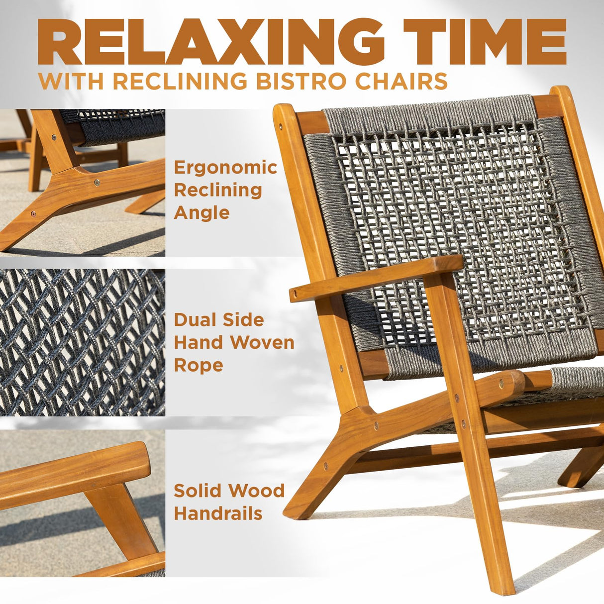 Idzo Solid Wood Rope Bistro Set of 3, Reclining Set 3 IDZO