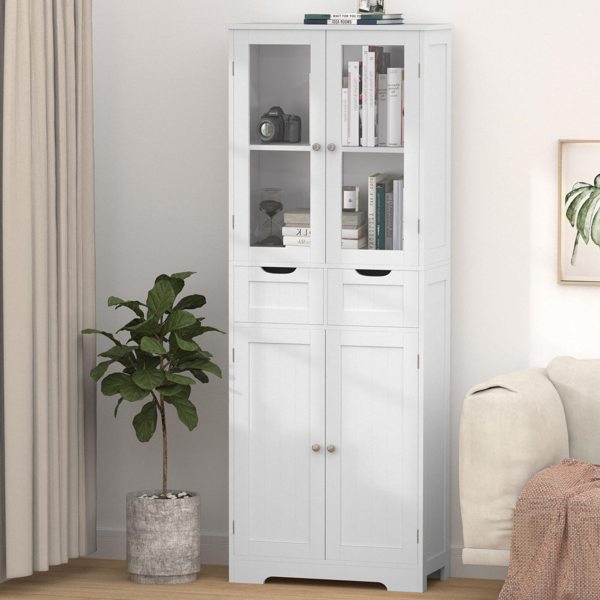 Betterhood 67" Tall Bathroom Storage Cabinet, Freestanding Linen Cabinet with Glass Doors and Shelves, Large Bathroom Pantry Cabinet with 2 Drawers for Living Room, Kitchen, Dining Room, Office, White Betterhood