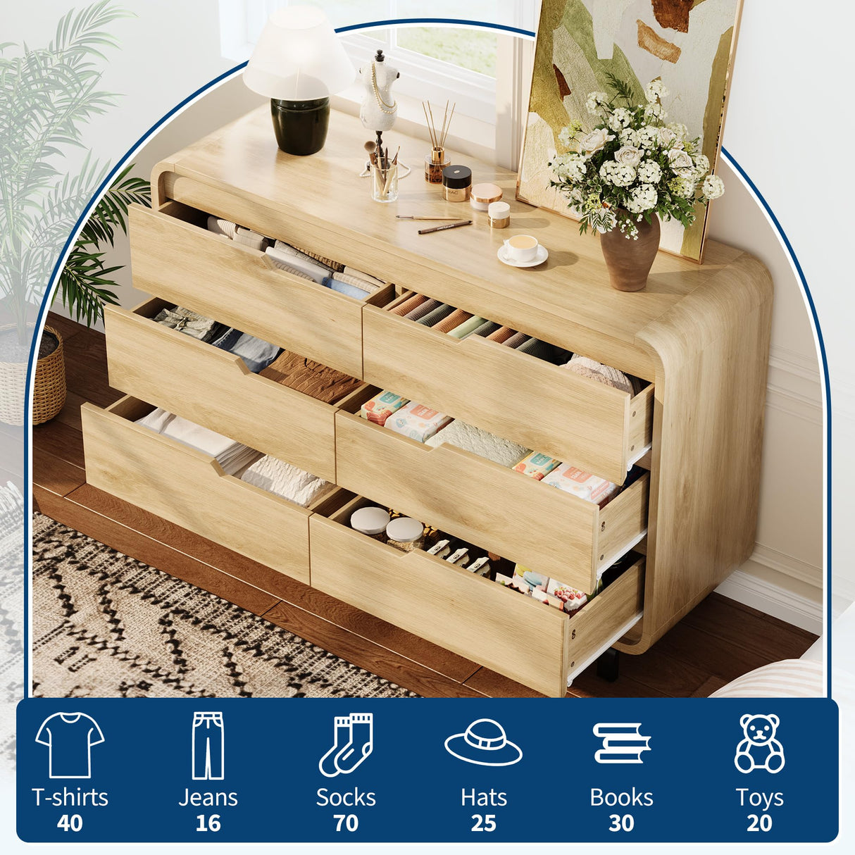 6 Drawers Dresser for Bedroom & Nursery, Modern Dresser with Safe Rounded Corners & Hidden Handles,Wooden Dresser Chest with Heavy Duty Anti-Tip Structure, Wide Storage Cabinet for Living Room GarveeHome