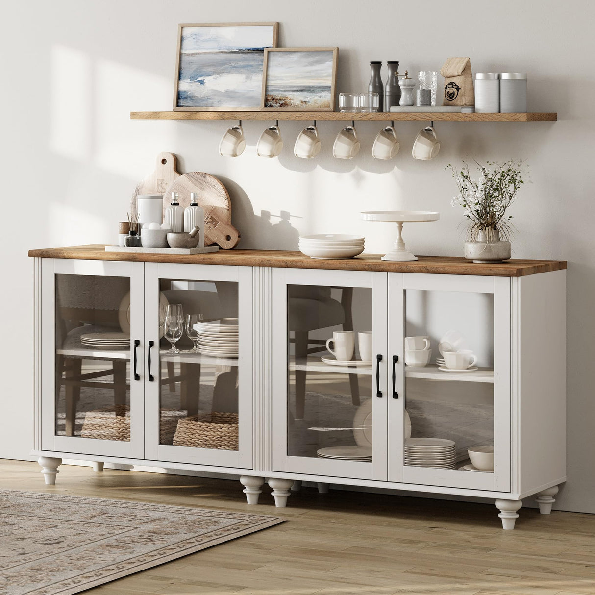 WAMPAT Sideboard Buffet Cabinet, Modern Wood Glass Buffet Sideboard with Storage, Accent Console Table Credenza with Doors for Kitchen, Dinning Room, Living Room, Hallway, White 68 inch WAMPAT