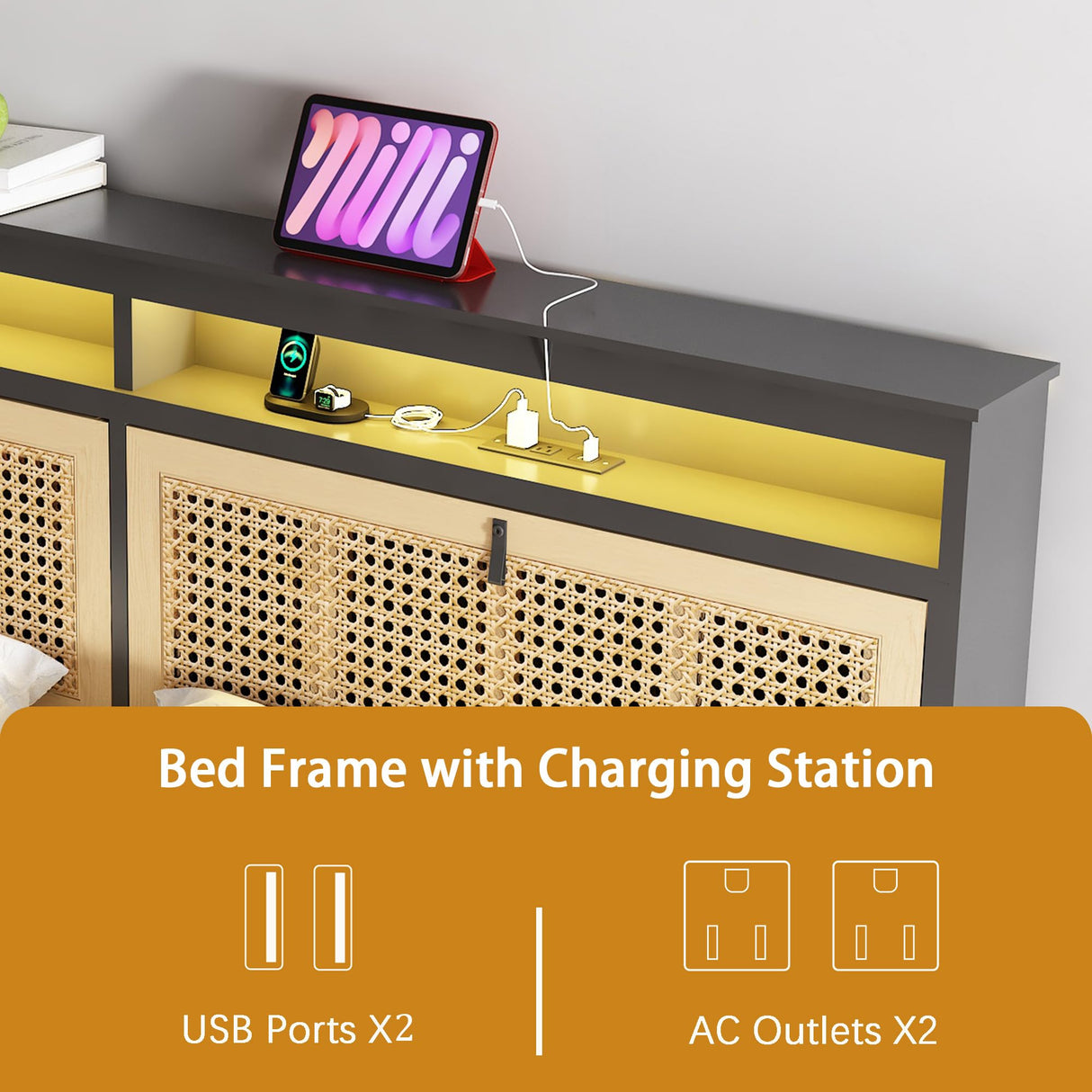 affeivul Boho Bed Frame Queen Size with Headboard, Rattan Bed Frame with Led Lights, Farmhouse Bed Frame with Storage, Charging Station and Cat Cabinet, NO Box Spring Needed, Metal and Wood Combine affeivul