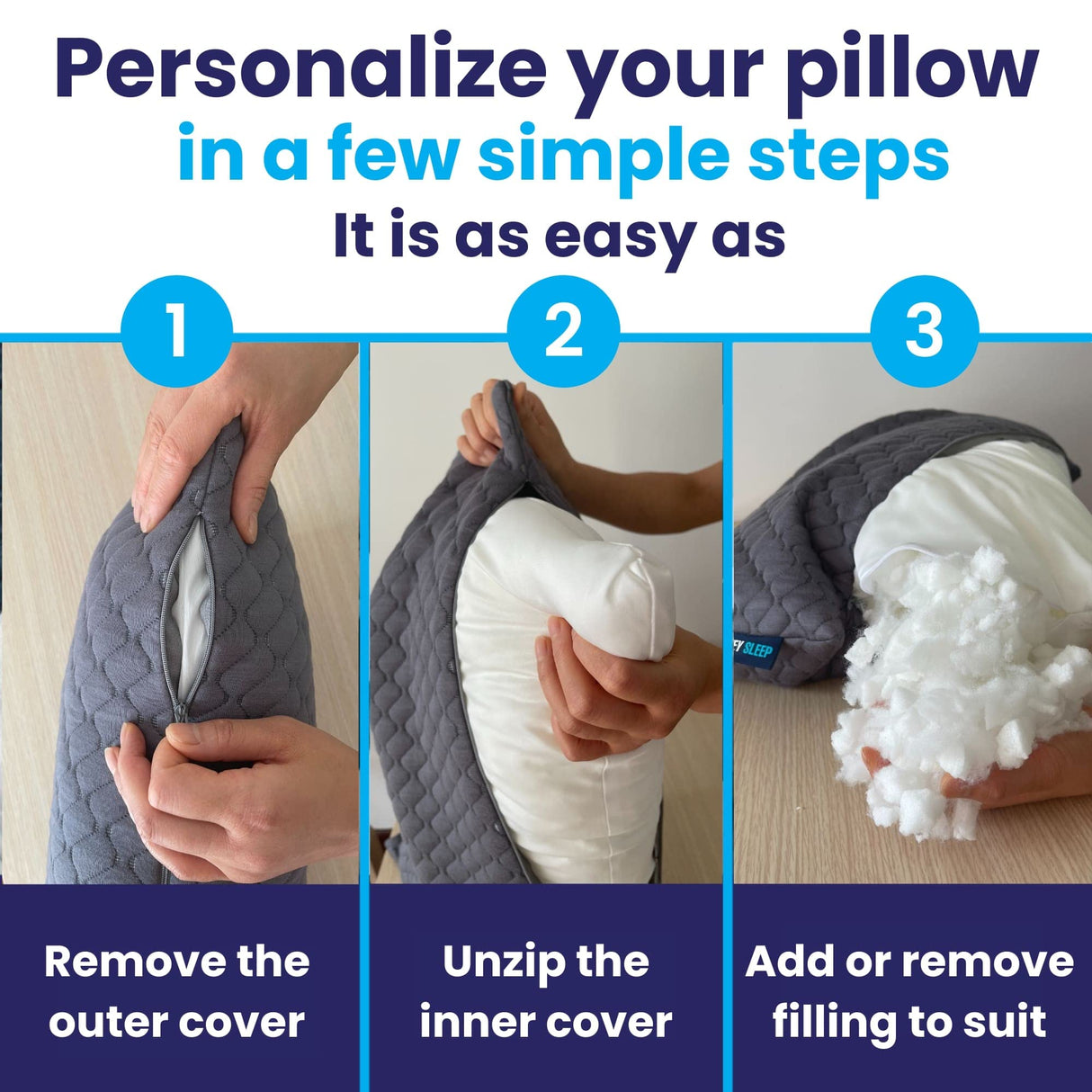 Sidney Sleep Bed Pillow for Side and Back Sleepers - Adjustable Filling - Memory Foam Pillow for Neck and Shoulder Pain - Customizable Loft - Queen Size - Additional Foam Bag Included (Grey) Sidney Sleep