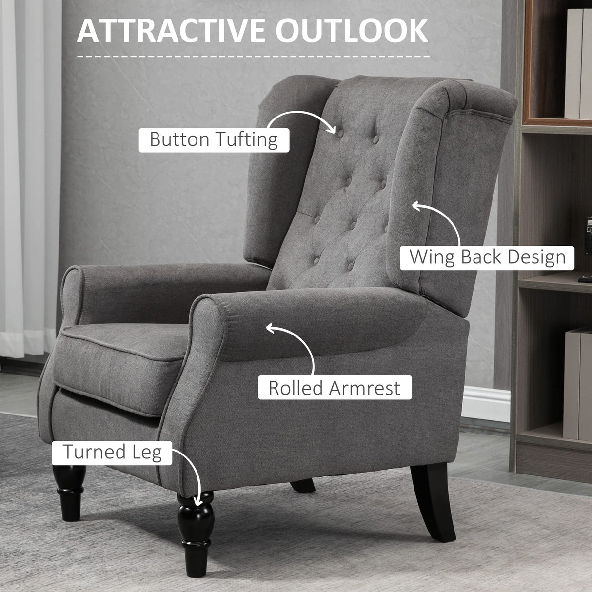 HOMCOM Mid-Century Modern Accent Chair, High Wingback Chair, Button-Tufted Upholstered Fabric Armchair with Retro Wood Legs for Living Room, Bedroom, Dark Gray HOMCOM