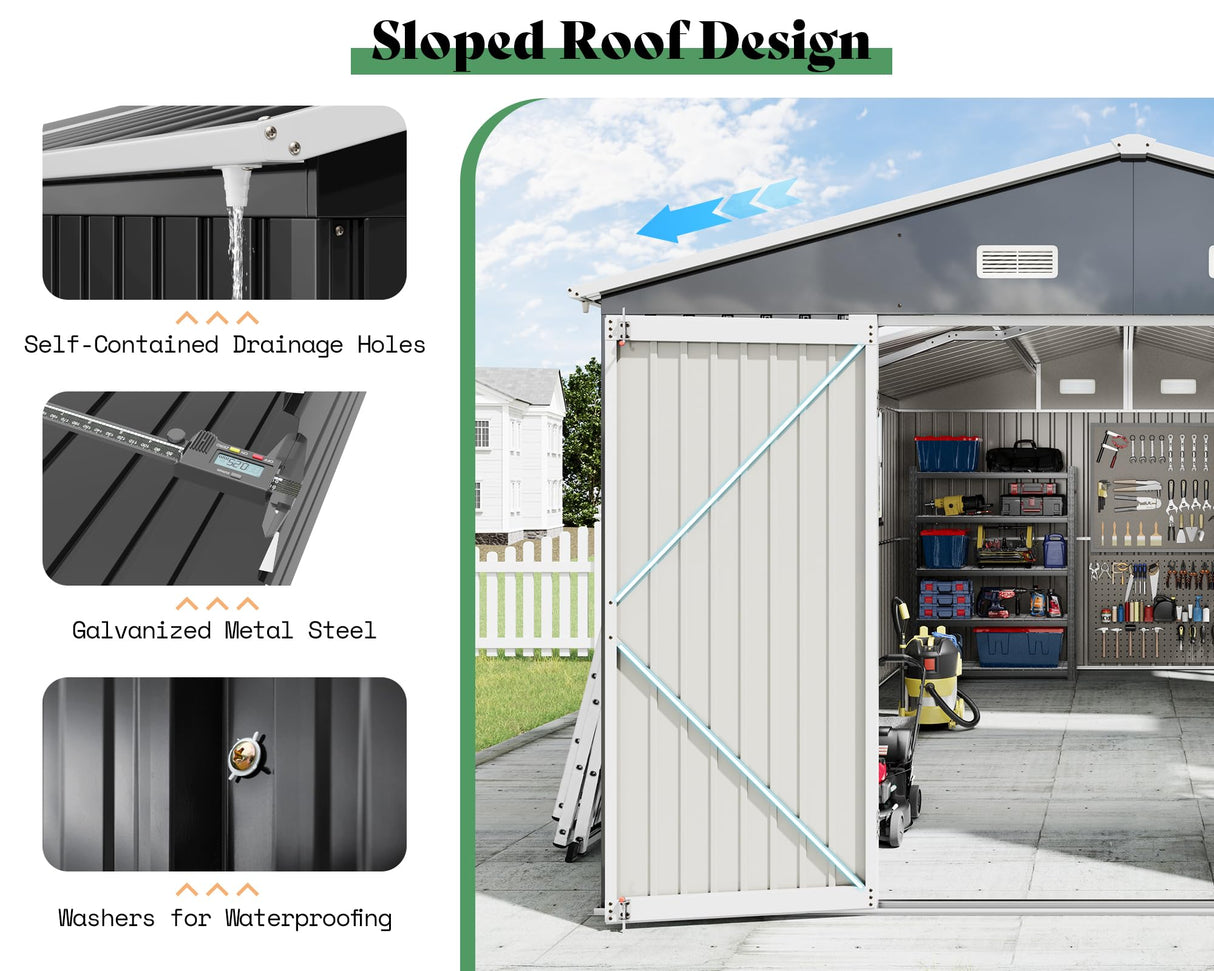 AMERLIFE 10x16x7.2 FT Metal Storage Shed with 2 Transparent Panels, Outdoor Tool Shed with Hinged Double Doors, Windows & Vents, Reinforced Steel Frame for Backyard Garden, DIY Workshop, Dark Gray AMERLIFE