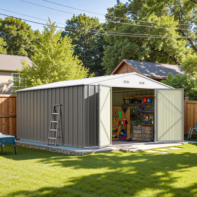 Patiowell 10 x 12 FT Metal Storage Shed for Outdoor, Steel Yard Shed with Design of Lockable Doors, Utility and Tool Storage for Garden, Backyard, Patio, Outside use, Gray
