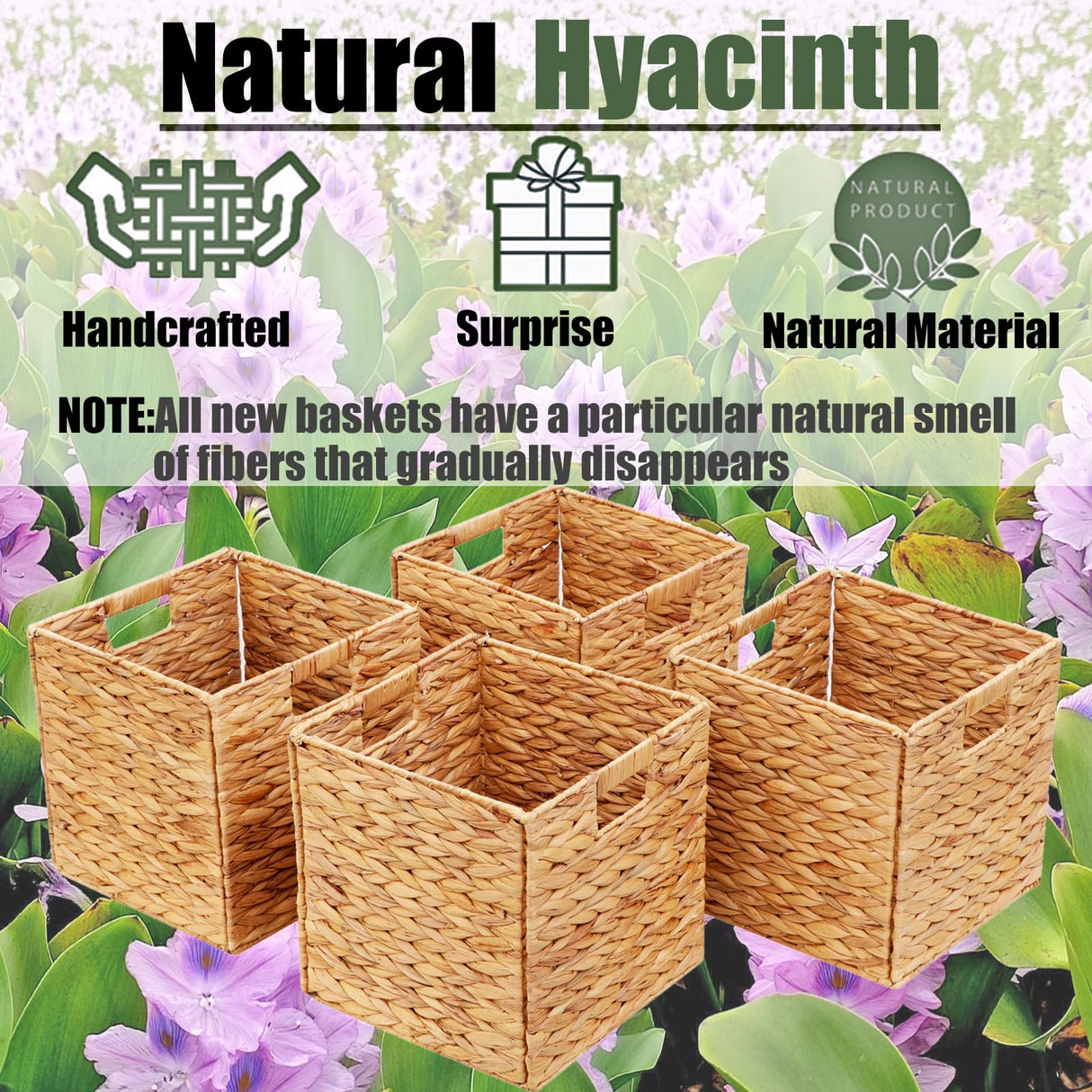 JGJCYO9 Storage Baskets Wicker Cube Baskets Foldable Handwoven Water Hyacinth Laundry Organizer,Cube Storage Baskets,Set of 4 pcs Baskets-11x11x11inch JGJCYO9