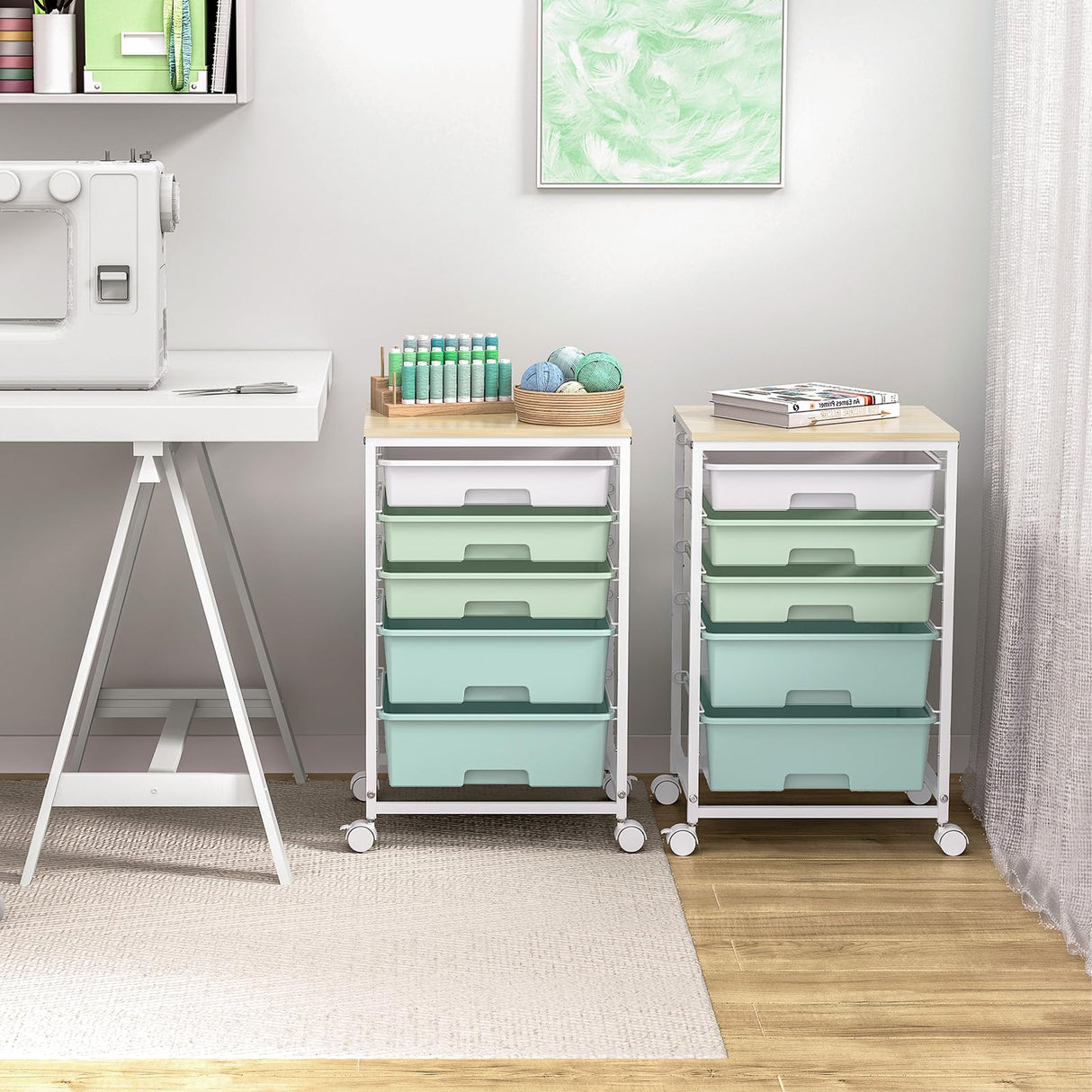 Craft cart,Rolling Cart with Drawers,Storage Cart with 5 Drawers and Wooden Tabletop for Under Desk Organizers and Storage,Green SYKIARIOL