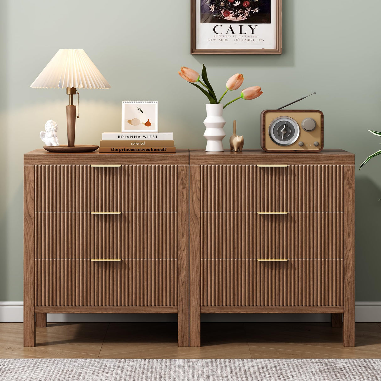 LSKTGA 6 Drawer Dresser for Bedroom, Large Fluted Dresser with Wide Drawers and Golden Handles, Storage Organizer Dresser, Modern Wooden Dresser Chest for Bedroom Living Room, Walnut LSKTGA