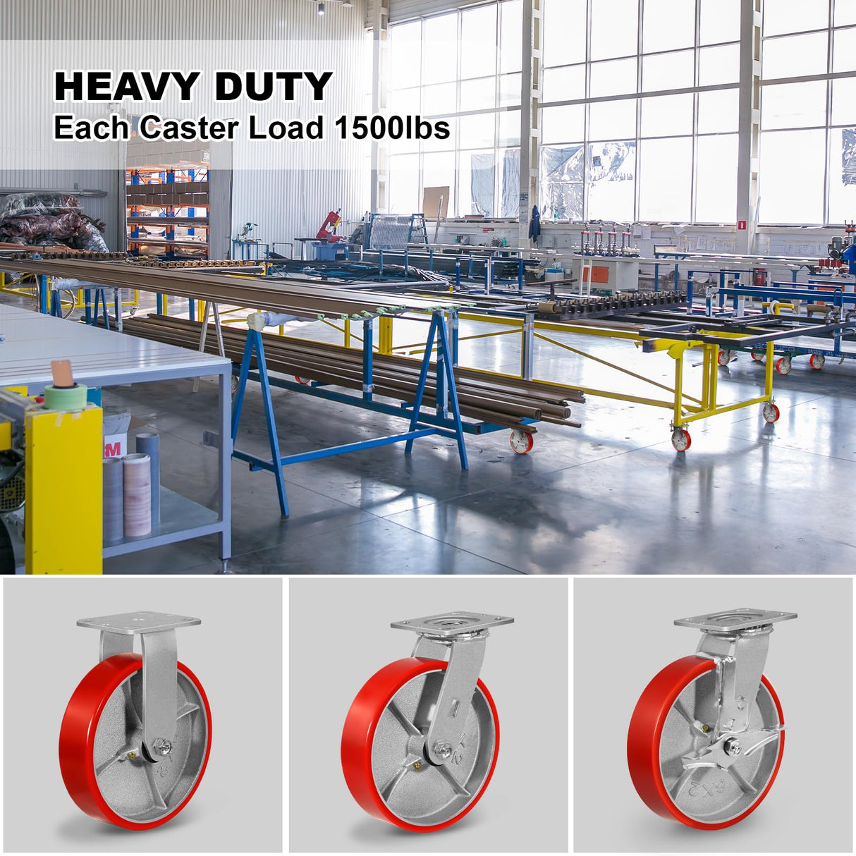 NINOSO 8"X 2" Heavy Duty Caster Wheels, Swivel Casters Set of 4 Polyurethane Wheel with Strong Load-Bearing Capacity 6000lbs, Industrial Casters for Toolbox Workbench (2 Brakes & 2 Rigid) Ninoso