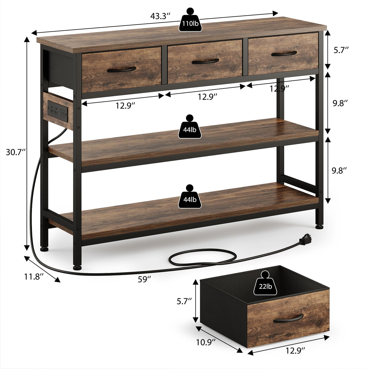 Lulive Entryway Table with Power Outlets, Console Table with 3 Fabric Drawers, Sofa Table for Living Room, Hallway, Couch, Foyer, Height Adjustable (Rustic Brown, 43") Lulive