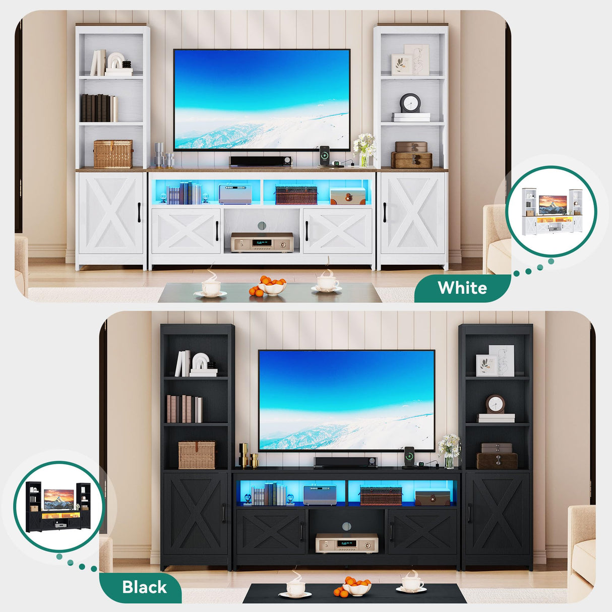 YITAHOME Farmhouse TV Stand for 65inch TV, Entertainment Center with Storage, Adjustable LED Lights & Power Hub, TV Cabinet with Bookshelves for Living Room/Apartment, Black YITAHOME