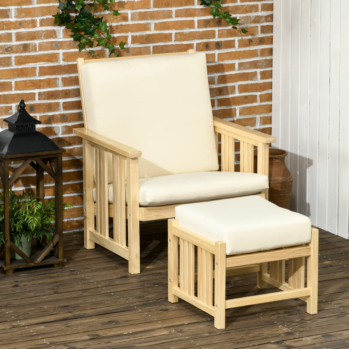 Outsunny 2-Piece Patio Furniture Set with 1 Armrest Single Chair and an Ottoman, Outdoor Wooden Chair with 4" Thick Padded Cushions for Backyard, Porch, and Poolside, Beige Outsunny