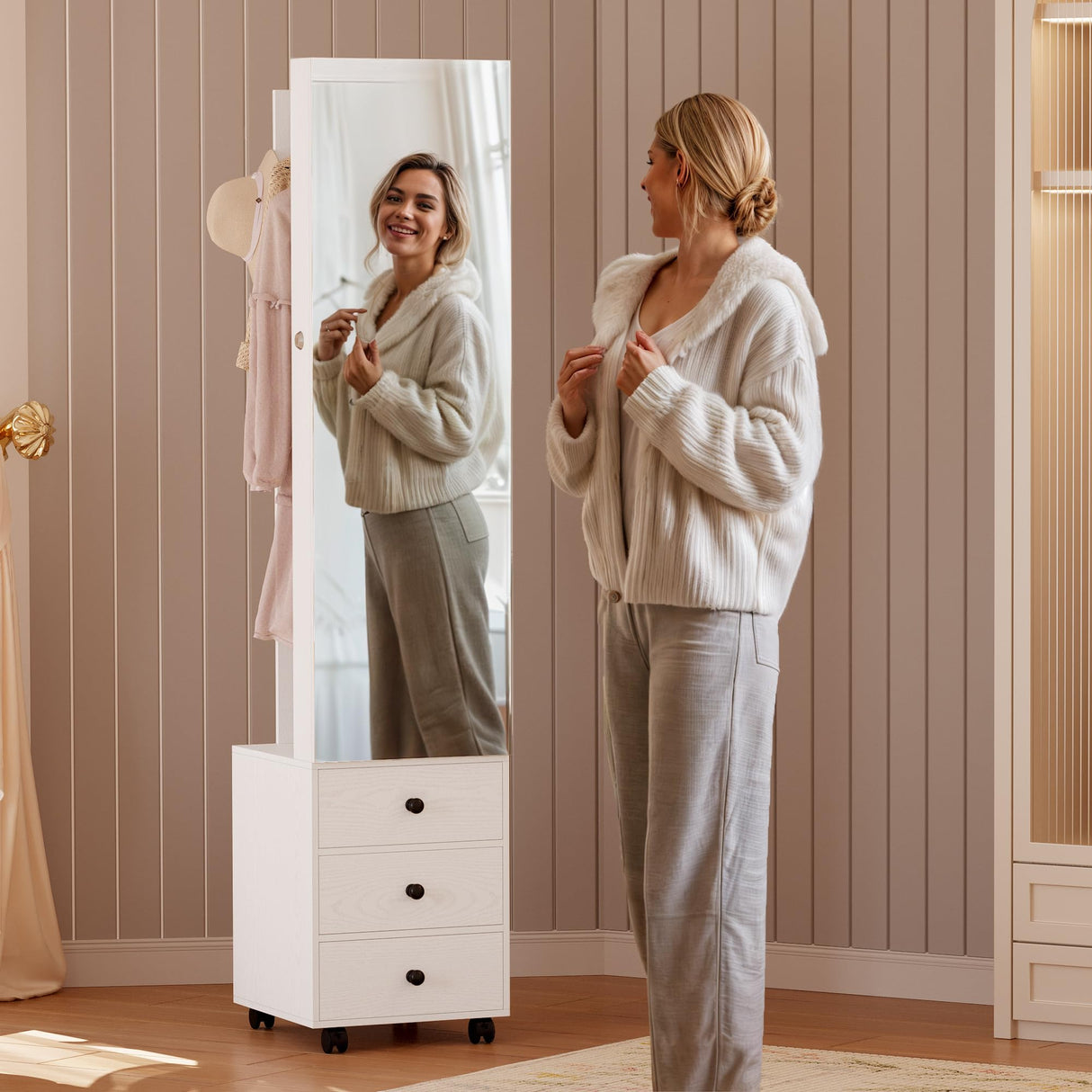 IRONCK Jewelry Cabinet with 3 Drawers, Lockable Standing Jewelry Armoire Organizer with Garment Rack, Full Length Mirror with Jewelry Storage and 4 Wheels for Bedroom, Cloakroom, White IRONCK