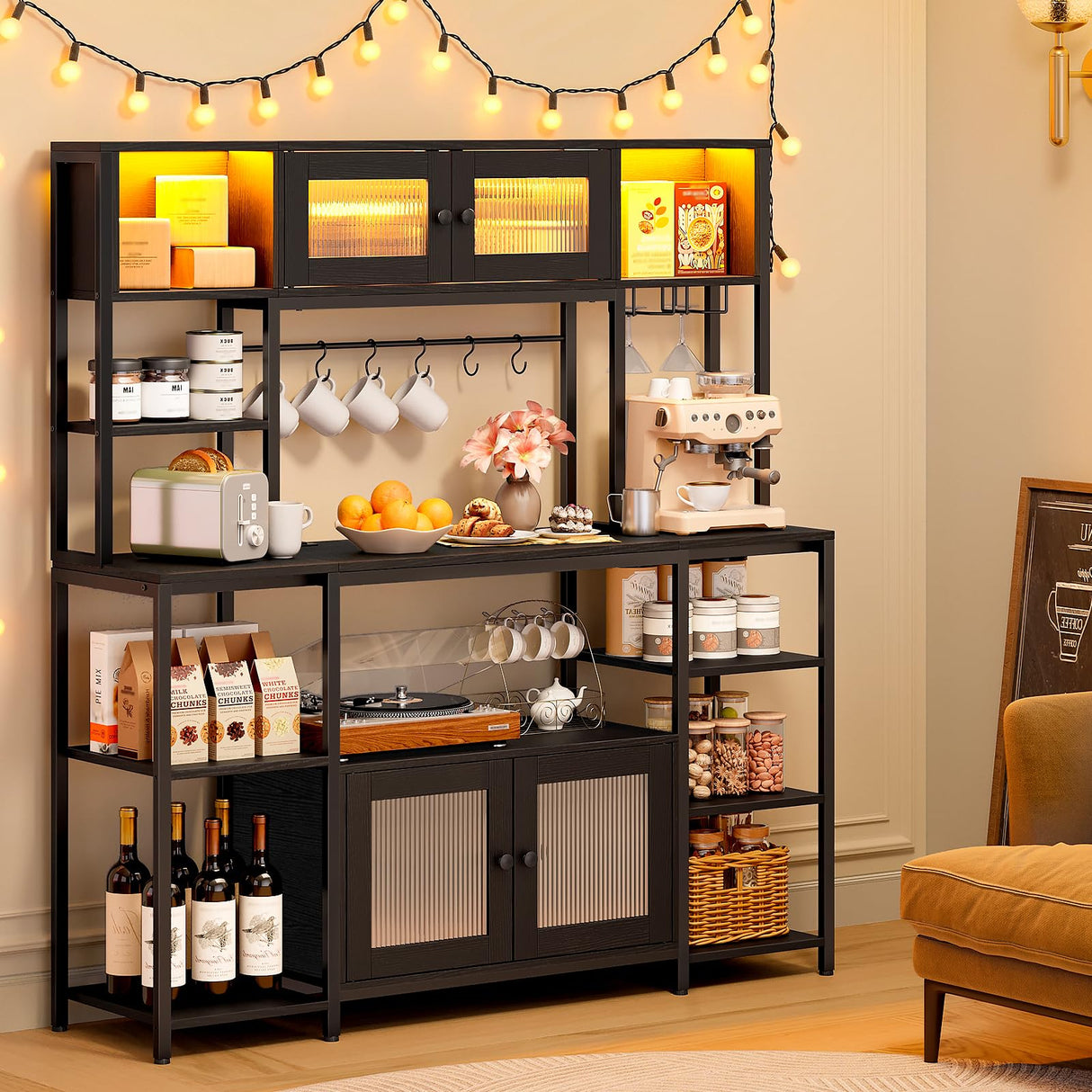 HOOBRO Bakers Rack with Power Outlet and LED Light, 59.1'' Industrial Microwave Stand, Coffee Bar Cabinet with Storage, Goblet Holder & 6-S Hooks, Kitchen Storage Shelf with Cabinet, Black BB17UDHB01 HOOBRO