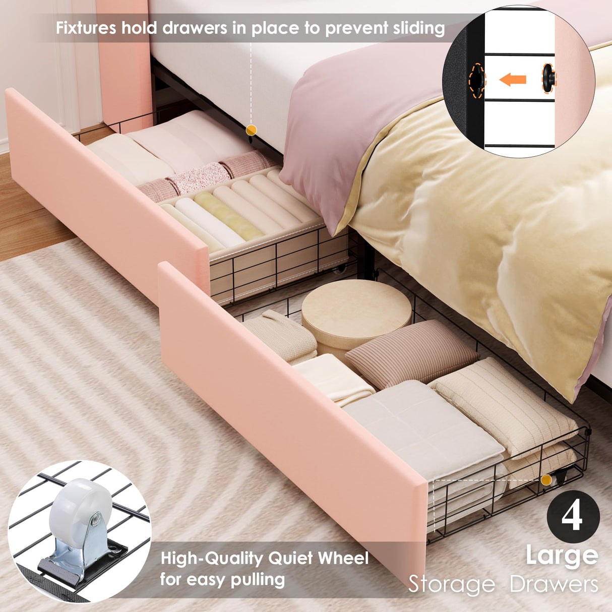 HIFIT Upholstered Full Size LED Bed Frame with Charging Station & 4 Storage Drawers, Velvet Crystal Button-Tufted Wingback Headboard, Princess Platform Bed Frames for Girls, No Box Spring Needed, Pink HIFIT