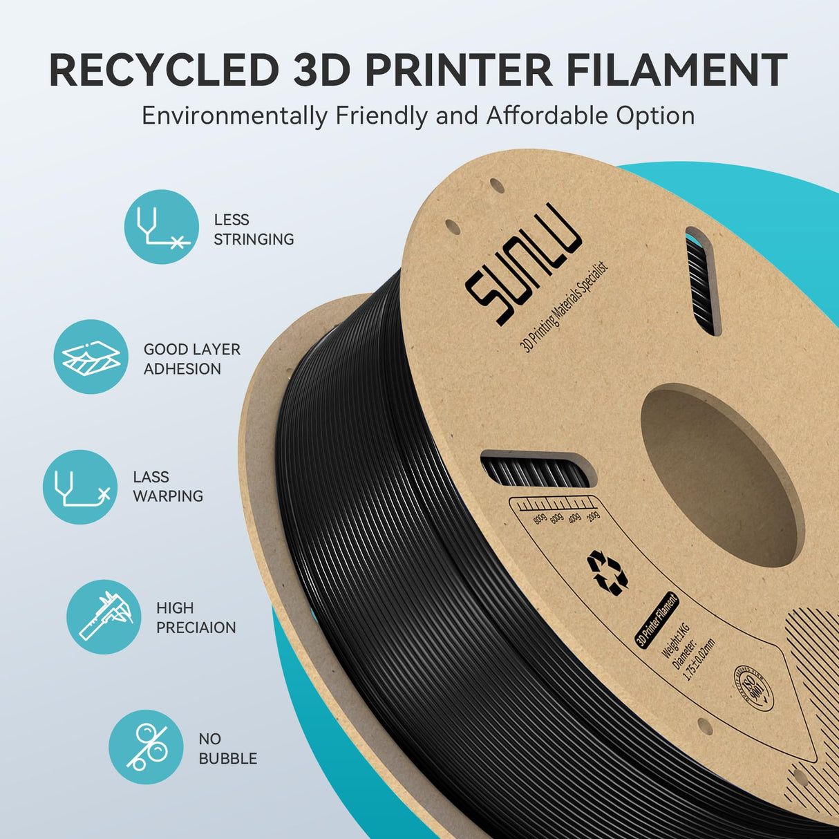 SUNLU PLA+ Filament 1.75mm, 3D Printer Filament 1.75mm ±0.02mm, PLA Plus Fit Most FDM 3D Printer, 1KG Cardboard Spool. (Black) SUNLU