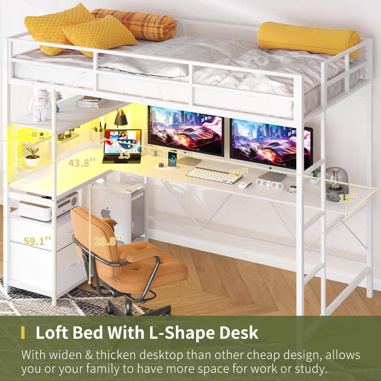 Yoobure White Twin Loft Bed with L-Shape Desk, Charging Station & LED Lights Yoobure