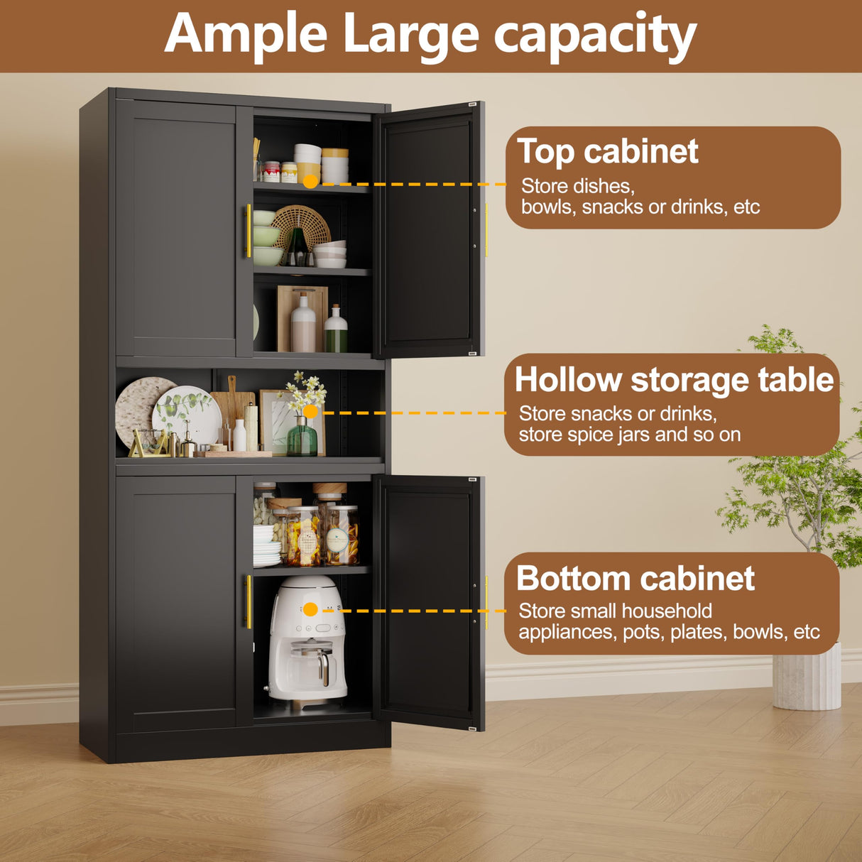 71”H Versatile Metal Pantry Storage Cabinet with Adjustable Shelves and Feet - Black 4-Door Design erosoei