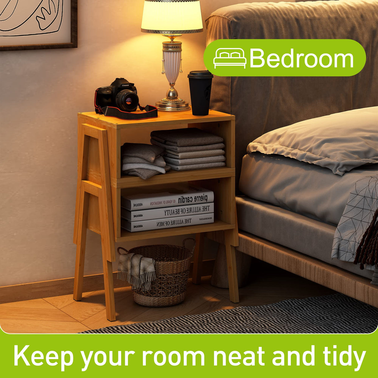 End Table Set of 2 Bamboo Nightstand Stackable Bedside Table Living Room Nightstand 2-Tier Storage Shelf Wood Sofa Table for Small Space Bed Room Living Room BMOSU