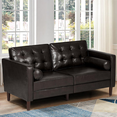 ACMEASE 67" Premium Faux Leather 2-Seater Sofa with 2 Bolster Pillows and Tufted Backrest, Mid-Century Modern Loveseat Sofa, Luxury Couch for Living Room, Bedroom, Office, Dark Brown